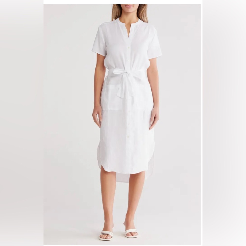 James Perse Elongated Tie Waist White Linen Midi Shirt Dress Size 2 NWT